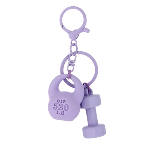 Purple kettlebell and dumbbell keychain set with matte finish for fitness enthusiasts