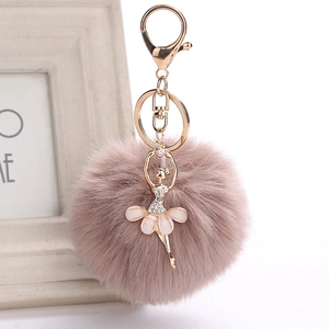 Detail of ballet dancer pendant with crystal rhinestones on a pink faux fur pompom