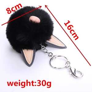8cm black faux rabbit fur cat keychain with pink leather ears and silver lobster clasp