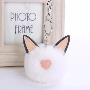 White faux fur ball cat ear keychain with pink heart and silver metal lobster clasp