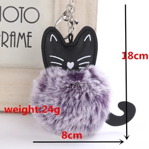 Detail view of purple and grey plush cat keychain with silver metal lobster clasp