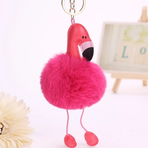 Mignon Porte-clés Pompon en Peluche Flamant Rose Avec Détails en Cuir PU Pendentif Sac Oiseau pour Femmes Filles Cadeau