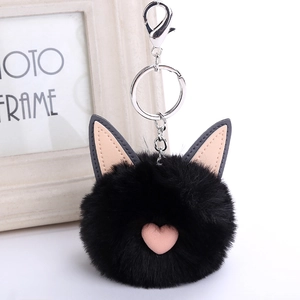 Black cat faux rabbit fur pom pom keychain with pink heart ears and silver metal ring