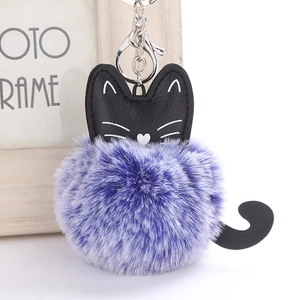 Cute purple faux fur cat keychain with black leather details and silver metal clip