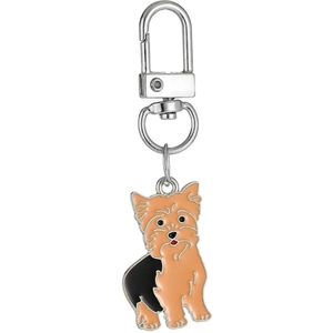 Porte-clés chien Yorkshire Terrier en émail avec mousqueton argenté et anneau rotatif sur blanc
