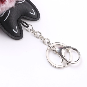 Cute PU leather cat keychain with fluffy pink and dark red faux fur pompom and silver metal clip