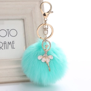 Detailed shot of mint green faux fur pompom with rhinestone ballet dancer keychain