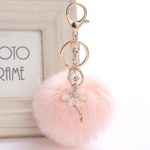 Detail of cute ballet girl charm with sparkling rhinestones and pink faux fur pompom