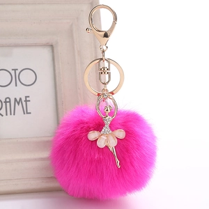 Detail of rose pink faux fur pompom keychain with crystal ballet girl charm and gold ring