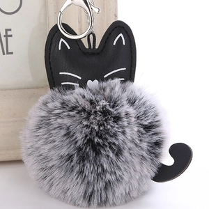 Cute Cat Faux Fur Pom Pom Keychain Two-Tone Plush Ball PU Leather Animal Bag Charm For Women Girls Backpack Decoration