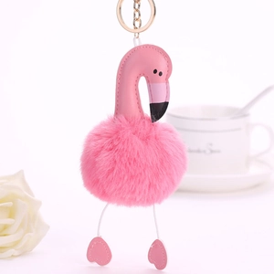 Pink flamingo fluffy pompom keychain with leather head and gold metal hook for bags