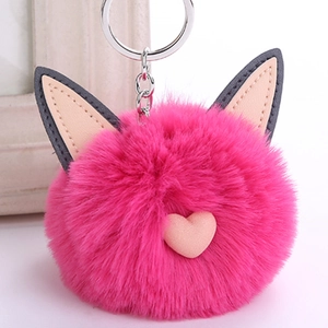 Faux Rabbit Fur Pom Pom Keychain With Cute Cat Ears Heart Decor Soft Plush Bag Charm For Women Girls Accessory