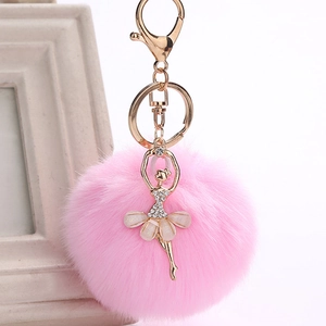 Ballerina Plush Pom Pom Keychain For Women Elegant Rhinestone Alloy Angel Girl Bag Pendant Decorative Car Key Ring Accessory
