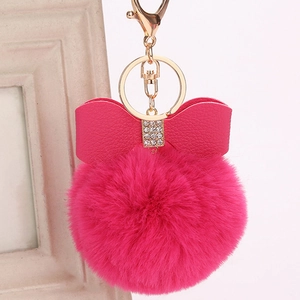 Faux Fur Ball Keychain With Synthetic Leather Bow Rhinestone Pave Golden Lobster Clasp Furry Pom Pom Bag Charm Car Pendant