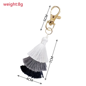 Detail showing gradient layered cotton tassel keychain with dimensions 7cm by 4cm