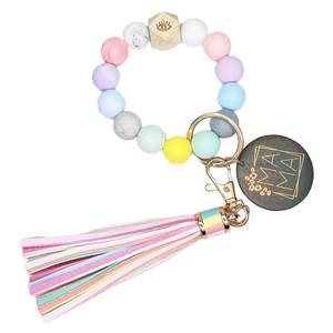 Bracelet porte-clés en perles de silicone avec breloque MAMA et pompon en cuir