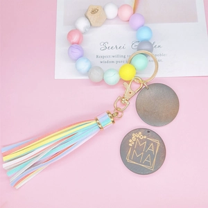 Bracelet porte-clés en perles de silicone avec breloque MAMA et gland en cuir