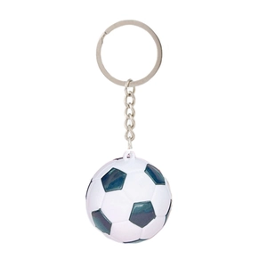 Classic black and white soccer keychain with silver metal ring on white background