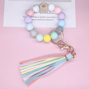 Porte-clés bracelet en perles de silicone colorées avec breloque MAMA et gland