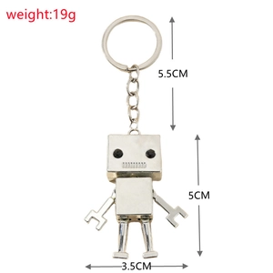 Detailed view of silver robot keychain with dimensions 5cm height and 19g weight