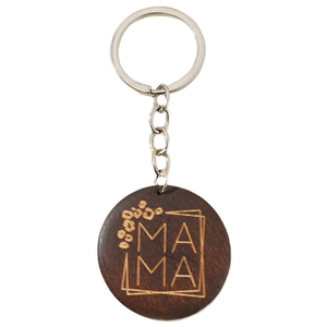 Round wooden keychain engraved with MAMA text and silver metal ring for Mother's Day