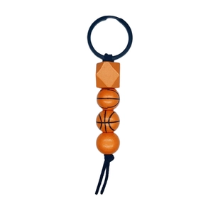 Basketball theme wooden bead keychain with orange sports pattern beads and black metal ring