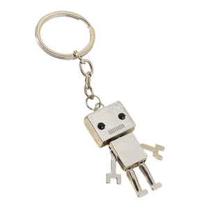 Detailed close-up of a silver mechanical robot keychain with industrial wrench-shaped limbs