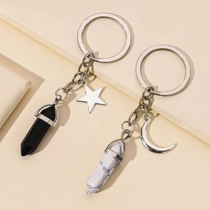 Minimalist hexagonal crystal pillar keychains with silver star and moon pendants