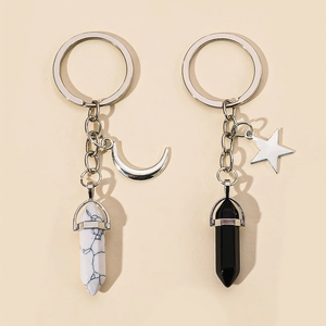 Minimalist hexagonal crystal pillar keychain set with moon and star pendants for couples