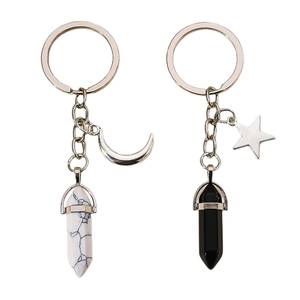 Hexagonal Glass Pillar Keychain With Moon Star Alloy Charms Marble Texture Pendant Simple Fashion Key Ring Accessory For Couples Unisex