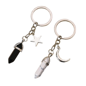 Hexagonal crystal stone couple keychains featuring silver star and moon charms