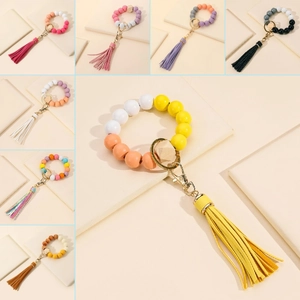 Bohemian Wood Beaded Keychain Bracelet For Women Colorful Bead Wristlet With Artificial Leather Tassel Anti-Lost Hand Strap Key Ring