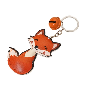 Cute orange PU leather fox keychain with a small orange bell and silver metal ring