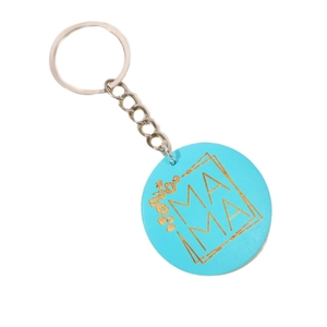 Porte-clés MAMA rond bleu sarcelle avec accents léopard et anneau en métal argenté