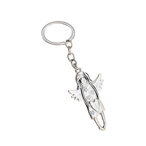 Polished silver alloy angel keychain with wings holding a heart on white background