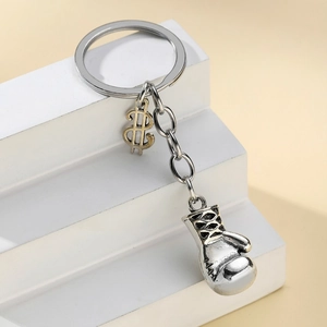 Creative Metal Boxing Glove Keychain With Dollar Sign Pendant Silver Plated Sporty Bag Hanging Ornament Car Key Accessory