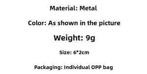 Detailed specs card for metal keychain showing 9g weight and 6x2cm dimensions on white background