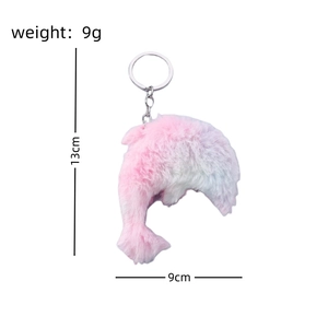 Plush dolphin keychain dimensions showing 13cm length, 9cm width and 9g weight