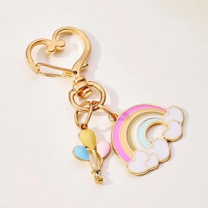 Cute golden heart keychain with colorful rainbow and cloud plus 3D balloon charm