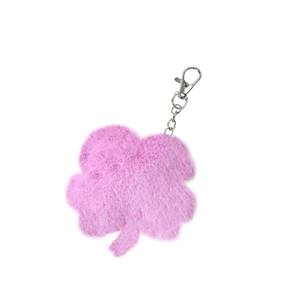 Porte-clés trèfle à quatre feuilles en peluche rose avec fausse fourrure et fermoir argent