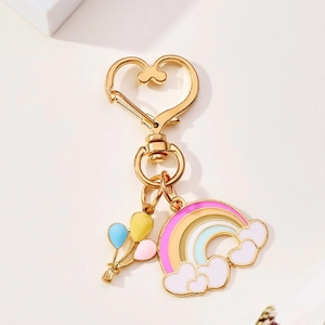 Cute Cartoon Rainbow Balloon Alloy Keychain Gold Plated Enamel Heart Shape Bag Pendant Creative Gift For Women Girls