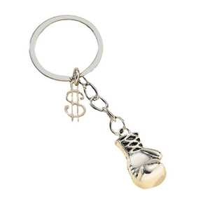 Boxing glove keychain with dollar sign charm in silver and gold metal finish