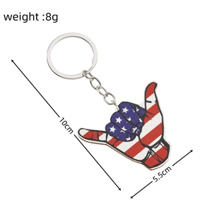 Detail view of Shaka hand pendant keychain with US flag design and size dimensions