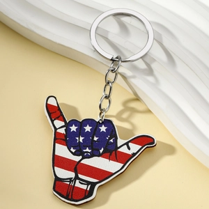 Detail of Shaka hand sign keychain with American flag design and metal keyring