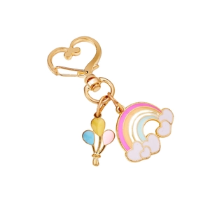 Cute rainbow balloon keychain with golden heart clasp and colorful enamel charms