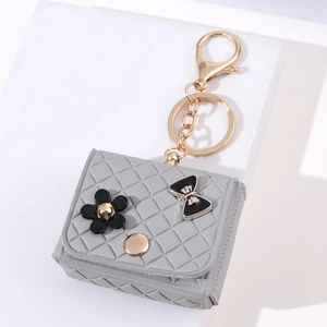 Detailed close-up of grey quilted mini bag keychain with floral and bow decoration