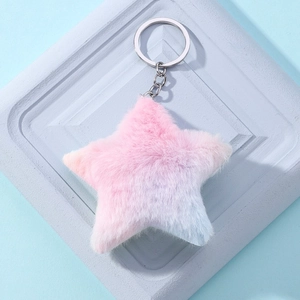 Cute star-shaped plush keychain with pink blue gradient fur and silver metal ring