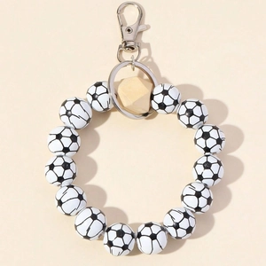 Porte-clés bracelet en perles de football avec perles à motif et breloque en bois