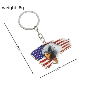 Detailed view of bald eagle keychain with US flag motifs, measuring 9cm in height