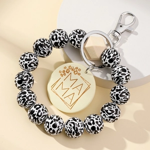 Bohemian Leopard Print Wood Bead Keychain Mama Round Pendant Alloy Lobster Clasp Fashion Bag Charm Wristlet Key Ring